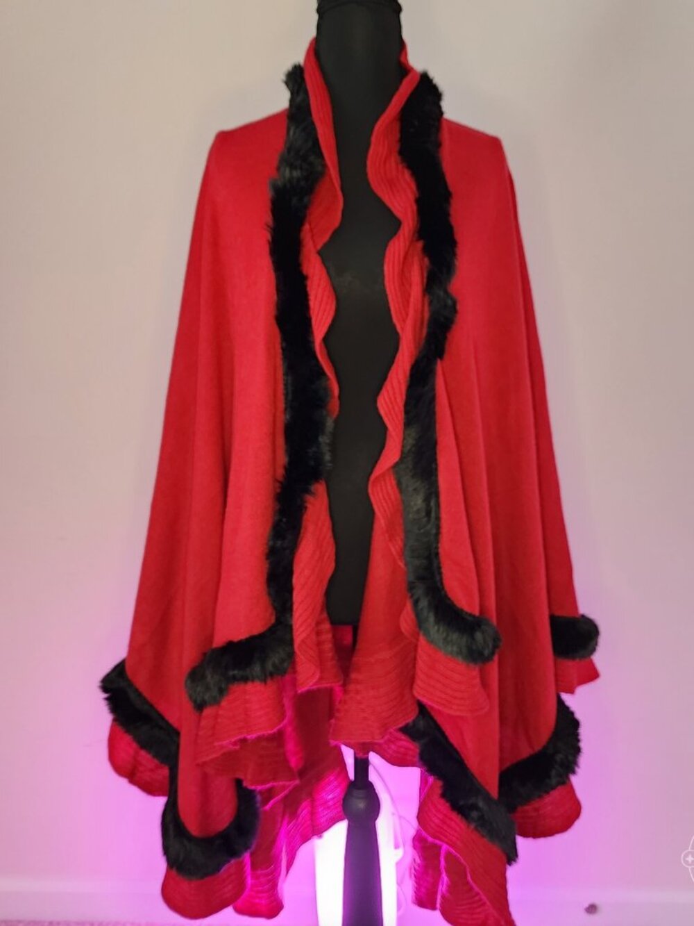 Like New! Stunning bright red shawl with faux fur trim.